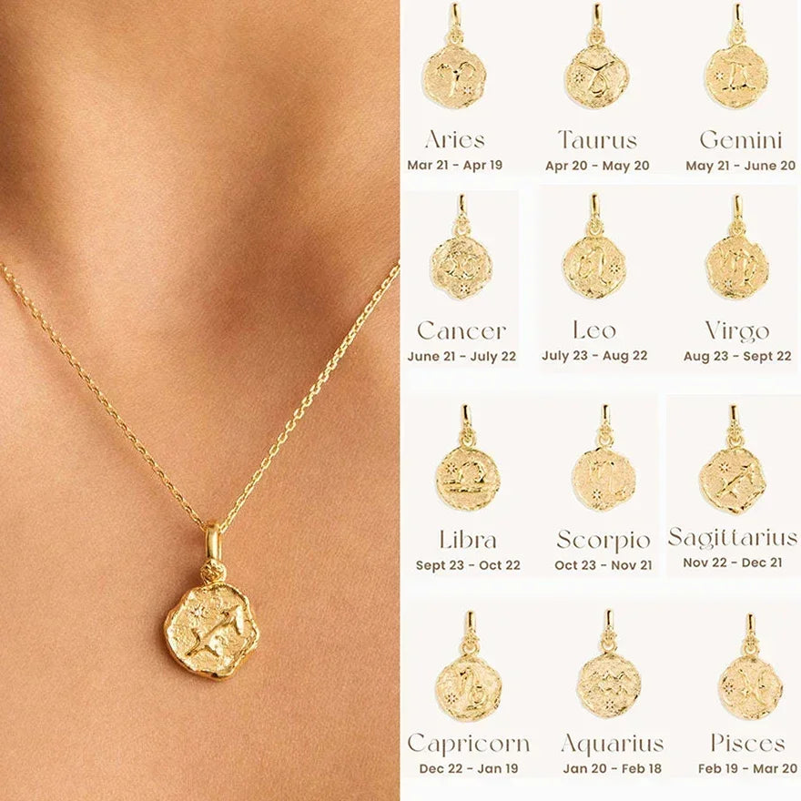 Constellation Vintage Zodiac Sign Coin Pendant Stainless Steel Necklace