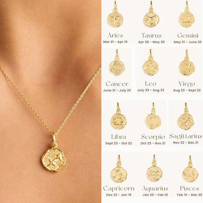 Constellation Vintage Zodiac Sign Coin Pendant Stainless Steel Necklace