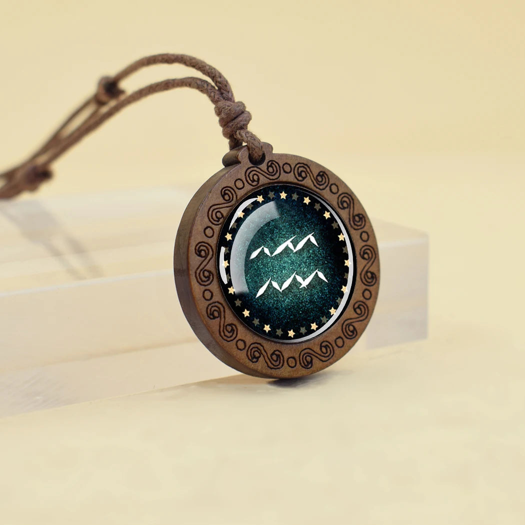 Zodiac Sign Constellation Glass Dome Vintage Wood Pendant Necklace