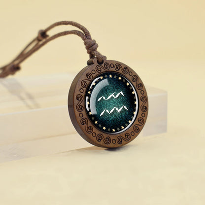 Zodiac Sign Constellation Glass Dome Vintage Wood Pendant Necklace