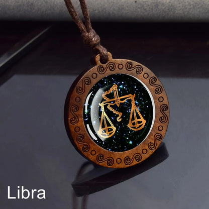 Zodiac Sign Rope Chain Constellation Wooden Pendant Necklace