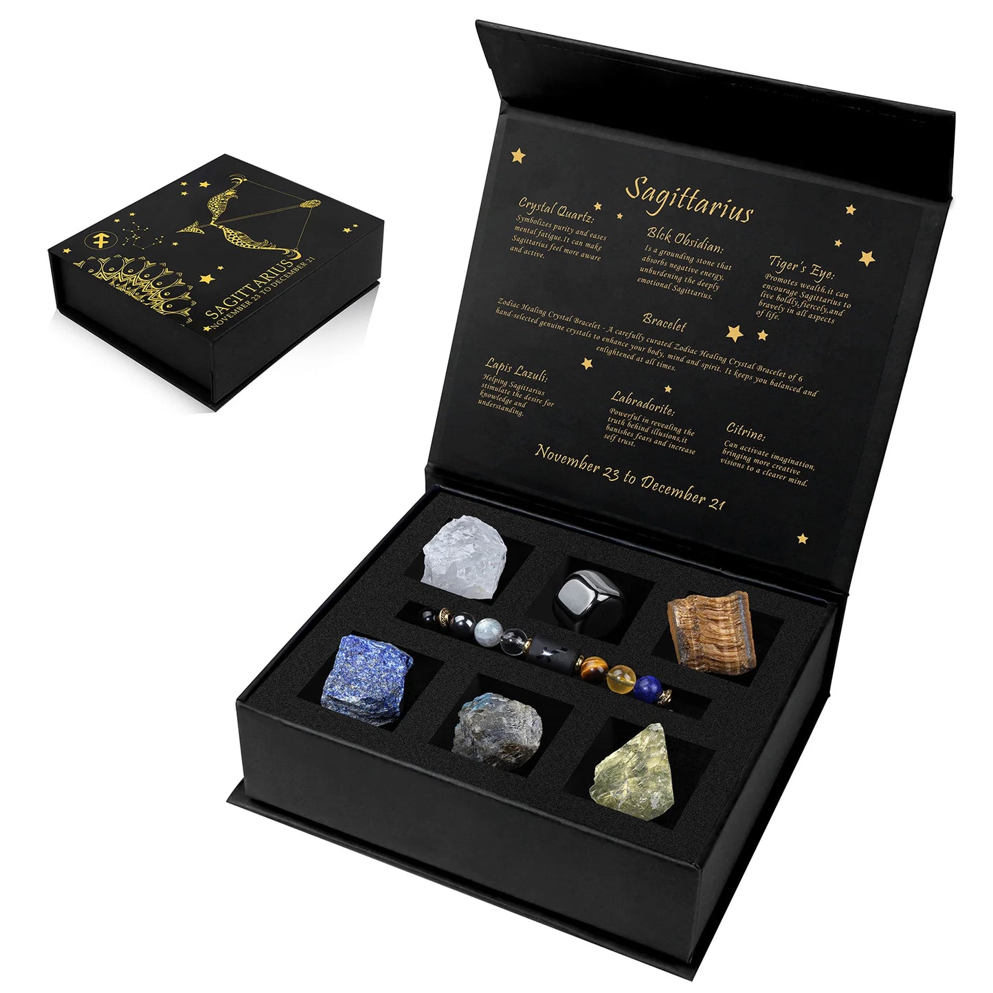Constellation Zodiac Sign Gift Box - Lapis Lazuli Amethysts Rope Bracelet With Raw Stone