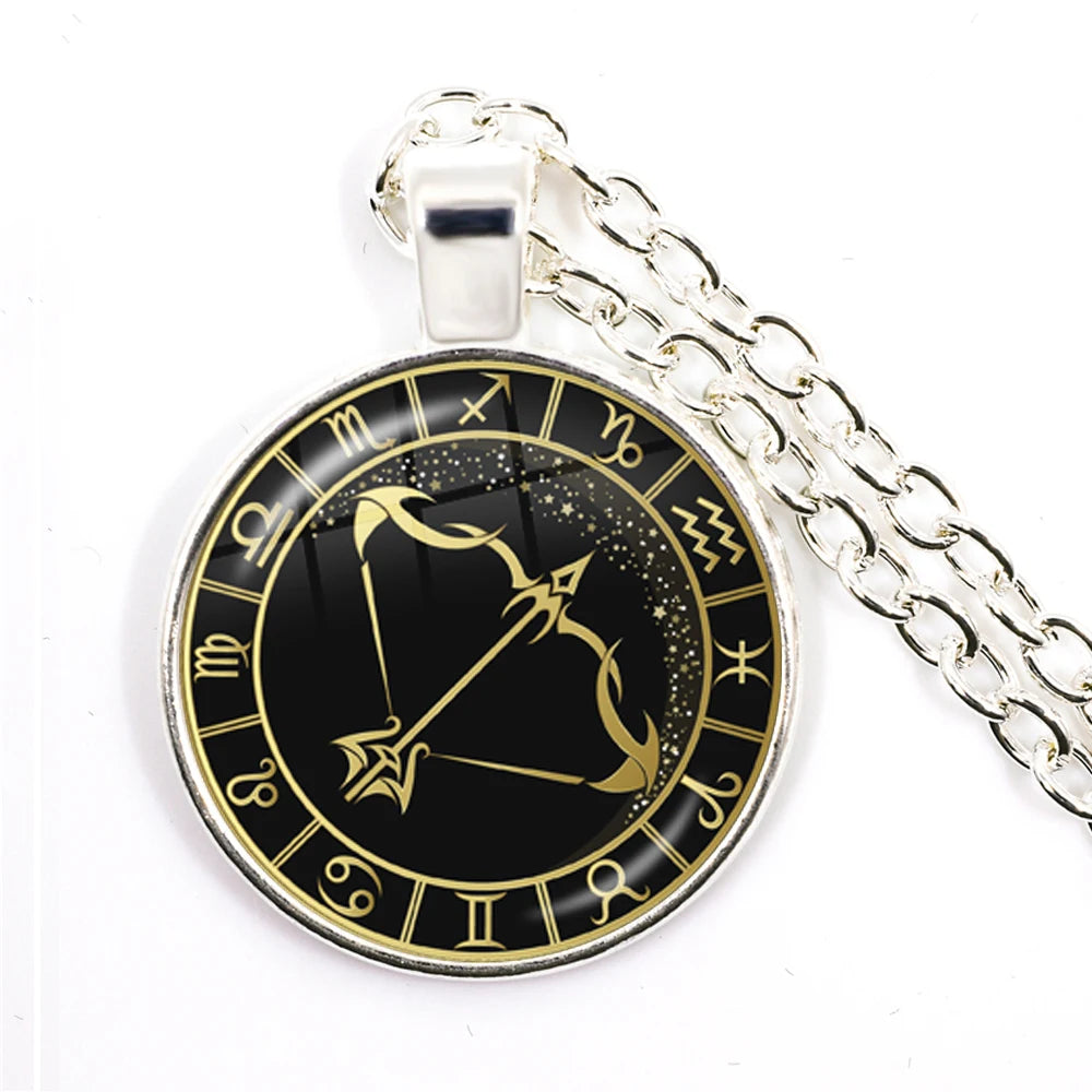 Constellation Pendant Antique Bronze Glass Dome Zodiac Necklace