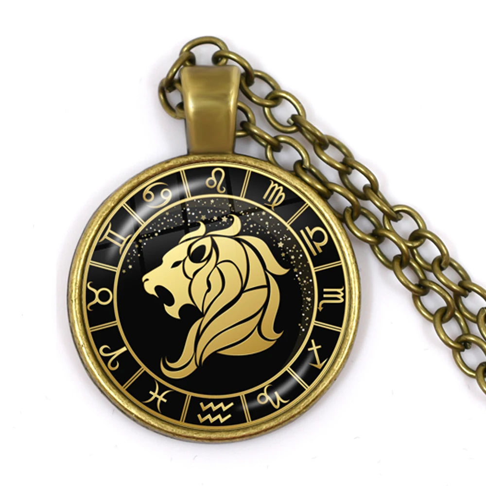 Constellation Pendant Antique Bronze Glass Dome Zodiac Necklace