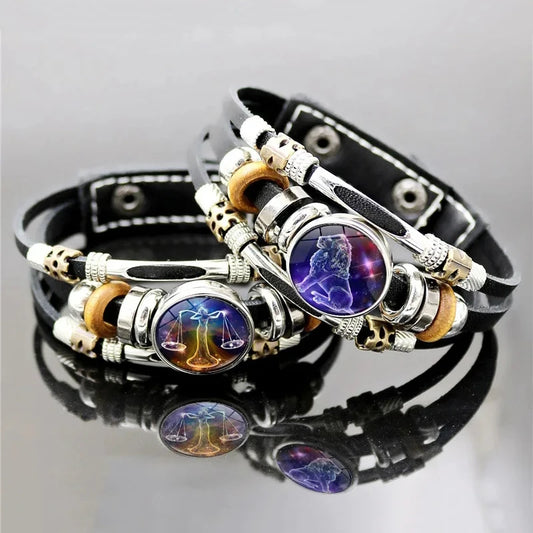 Constellation Zodiac Sign Glass Snap Button Leather Bracelet