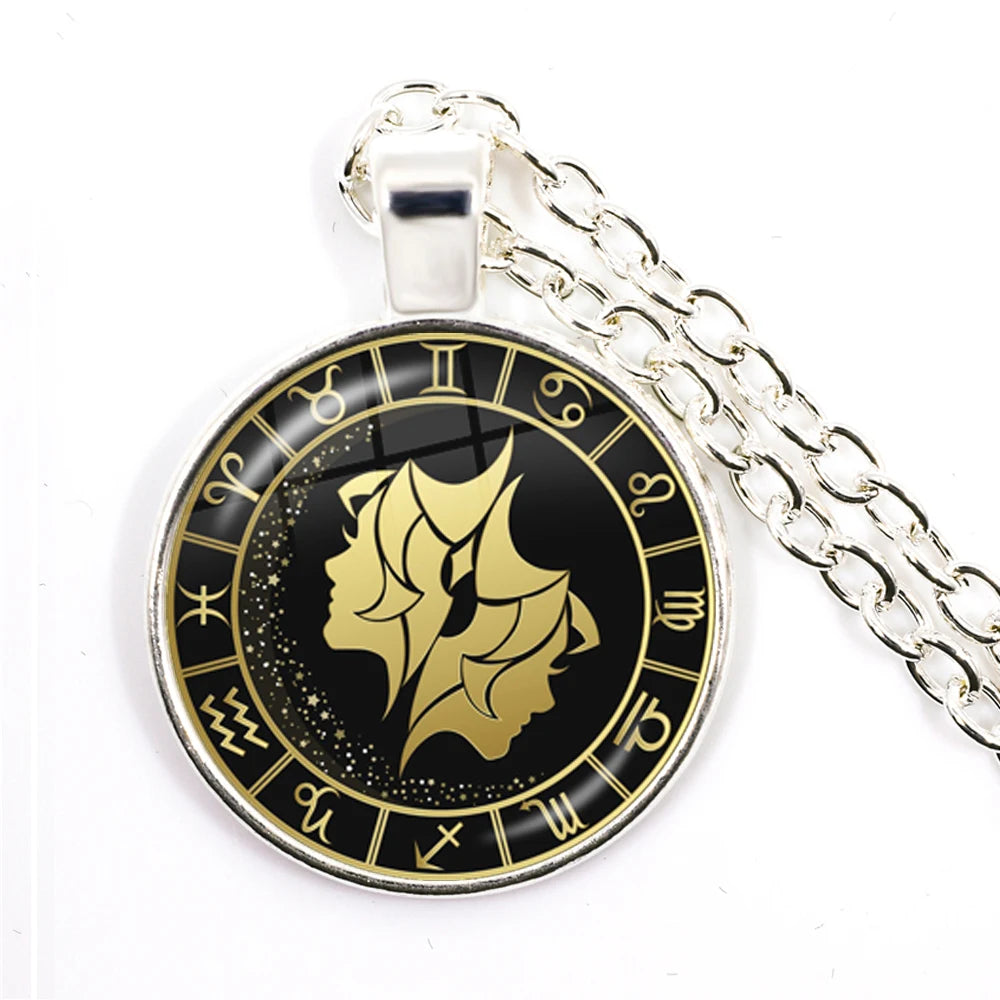 Constellation Pendant Antique Bronze Glass Dome Zodiac Necklace