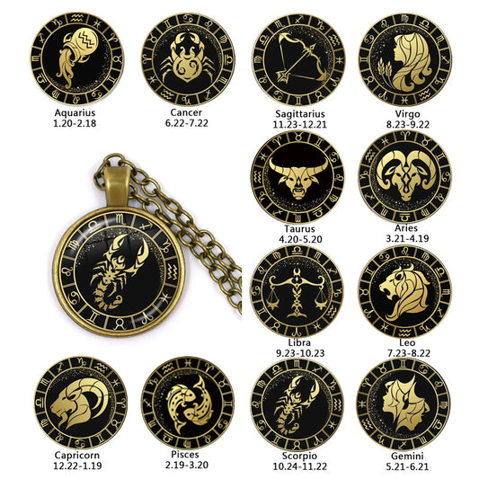 Constellation Pendant Antique Bronze Glass Dome Zodiac Necklace