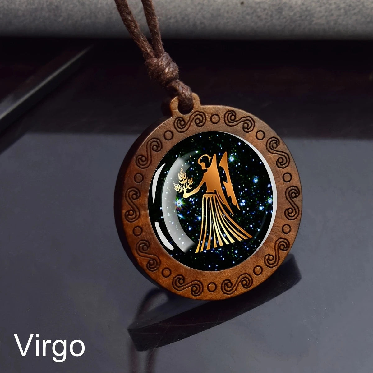 Zodiac Sign Rope Chain Constellation Wooden Pendant Necklace