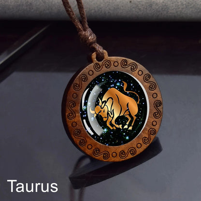 Zodiac Sign Rope Chain Constellation Wooden Pendant Necklace