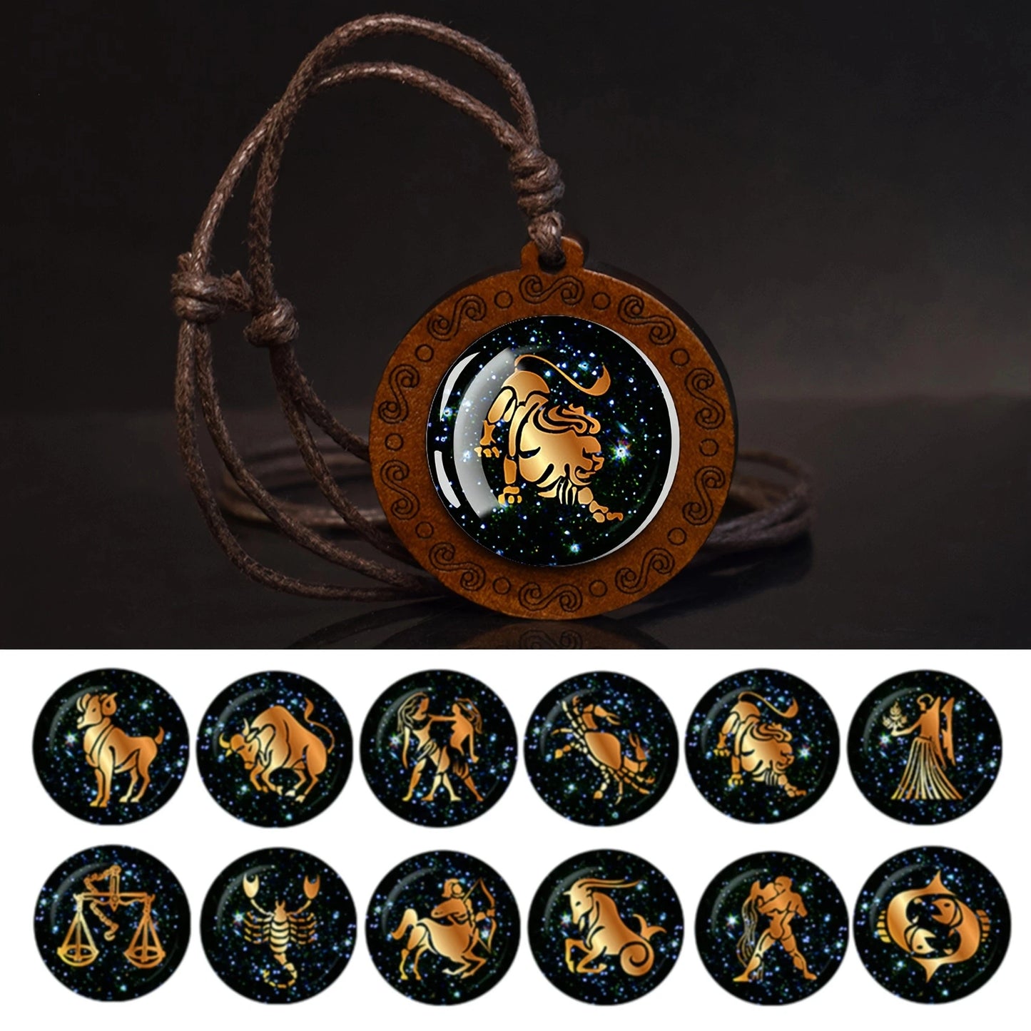 Zodiac Sign Rope Chain Constellation Wooden Pendant Necklace