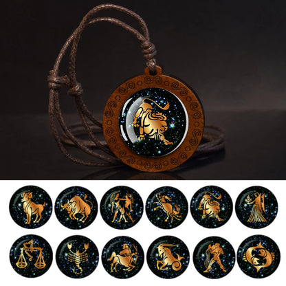Zodiac Sign Rope Chain Constellation Wooden Pendant Necklace